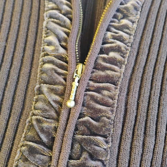 JM Collection Brown Ribbed Knit Velvet Zip Up Cardigan Sweater Size Medium - Picture 7 of 10